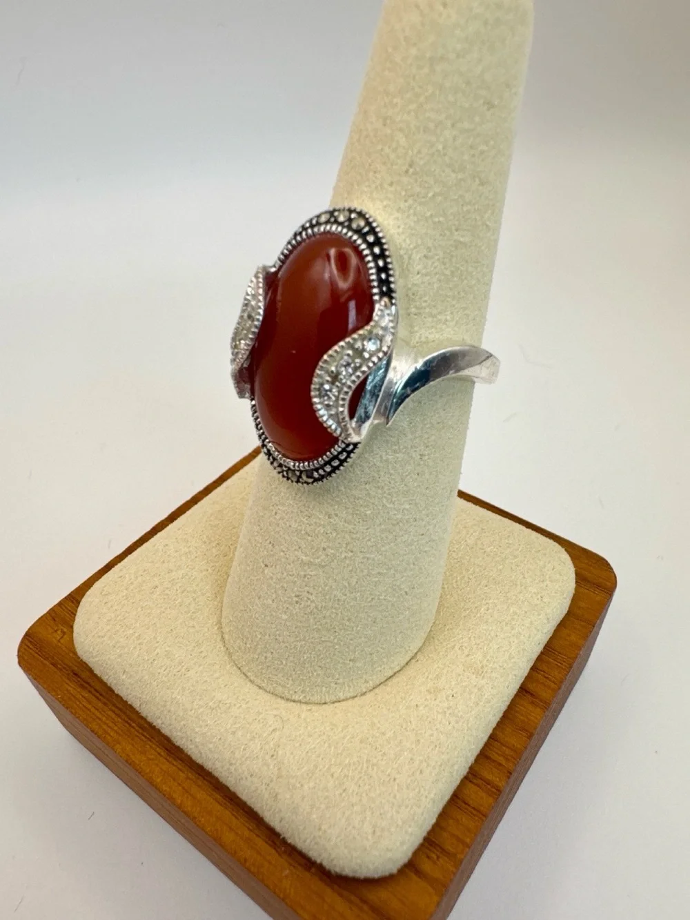 Boho Vintage Carnelian & Marcasite Silver Ring - Sz 8 Perfect for Summer